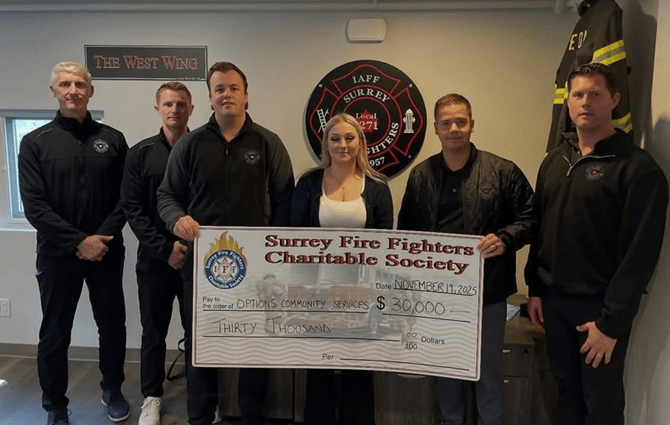 Brittany Atkinson (middle), Program Manager of Options Community Services, receiving the cheque from Surrey Firefighters Charitable Society